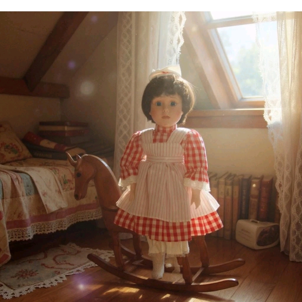 DESIGN YOKO NURSE PORCELAIN DOLL  15" LENGTH Classic Red and White Checkered
